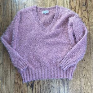 Pink Rose V-Neck Dusty Rose Long Sleeve Fuzzy Sweater Size M